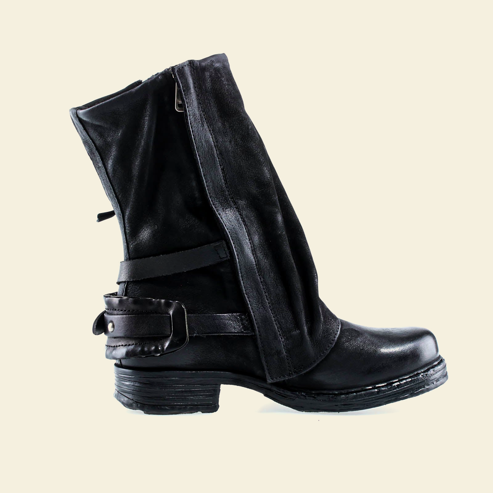 A.S.98 SPENCER Black mid-calf biker boot, front view