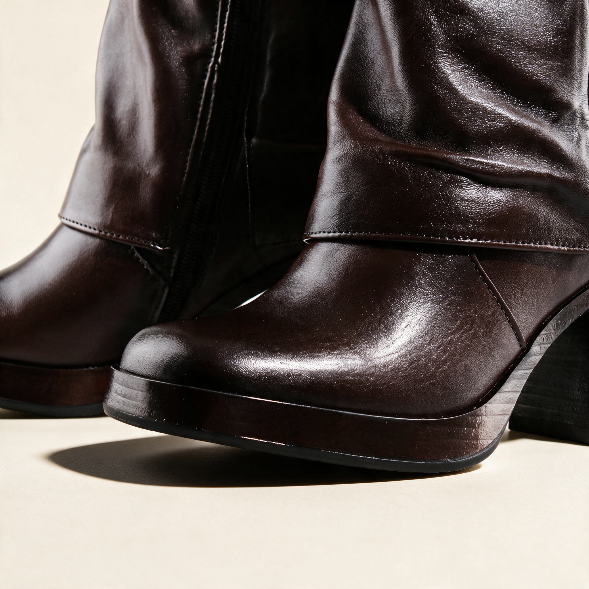 MJUS MICAELA Chocolate mid-calf boots, hardware and construction detail