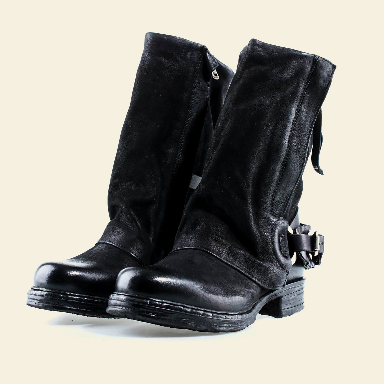 A.S.98 SPENCER Black mid-calf biker boots, pair three-quarter view 