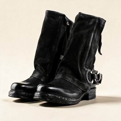 A.S.98 SPENCER Black mid-calf biker boots, pair three-quarter view 