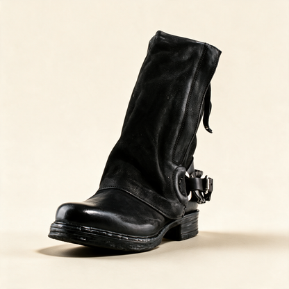 A.S.98 SPENCER Black mid-calf biker boot, single three-quarter view 