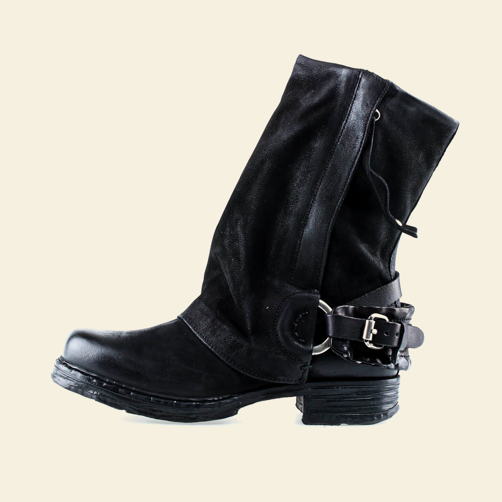 A.S.98 SPENCER Black mid-calf biker boot, outer side profile 