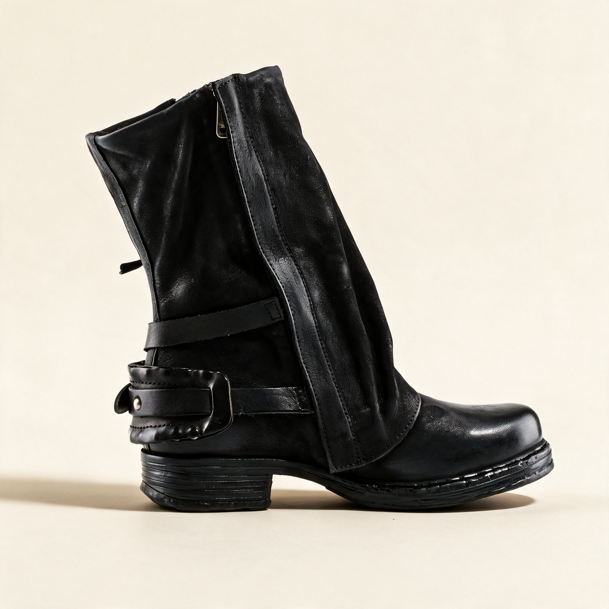 A.S.98 SPENCER Black mid-calf biker boot, front view 