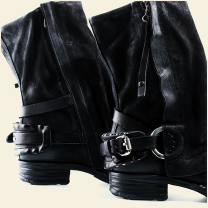 A.S.98 SPENCER Black mid-calf biker boot, leather and sole detail 