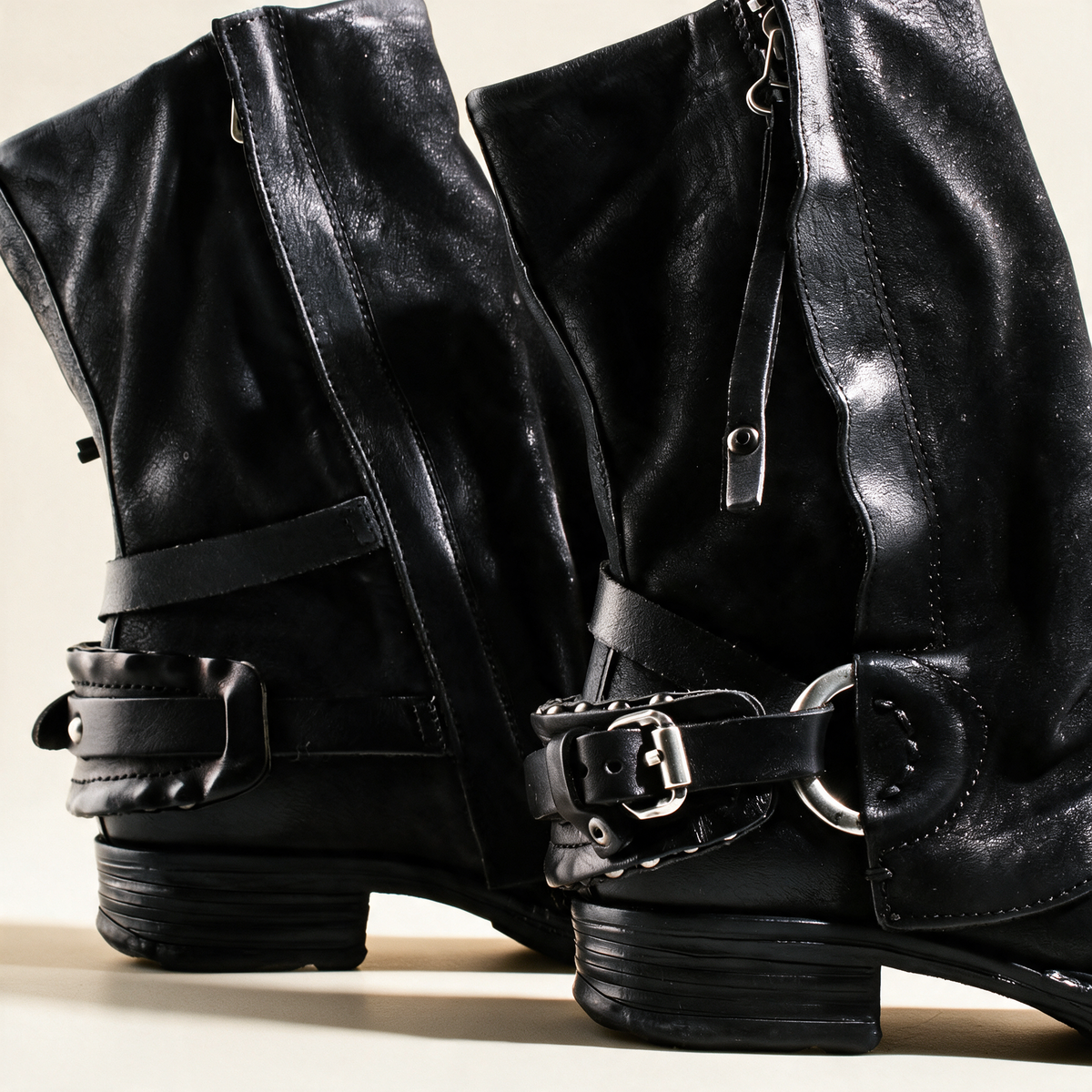 A.S.98 SPENCER Black mid-calf biker boot, leather and sole detail 