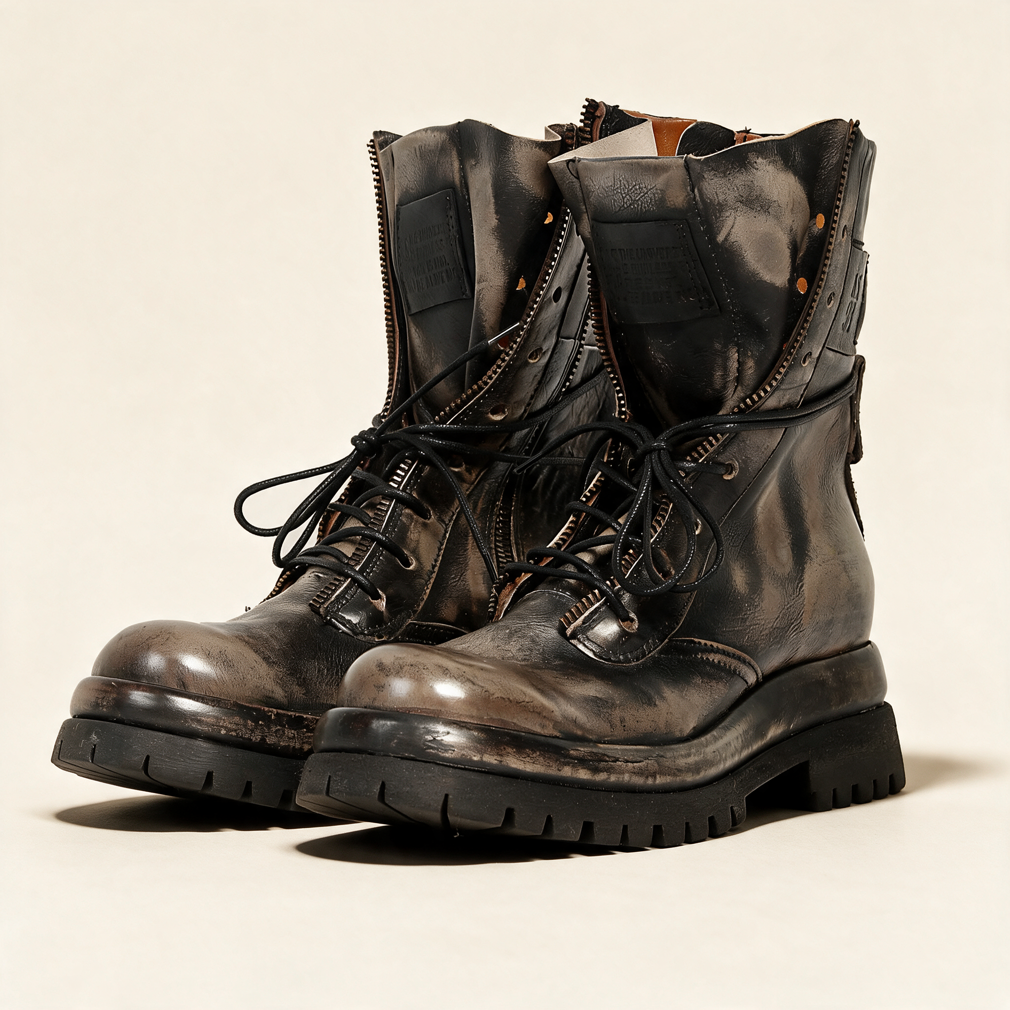 A.S.98 DELPHI Charcoal combat boots, pair three-quarter view 