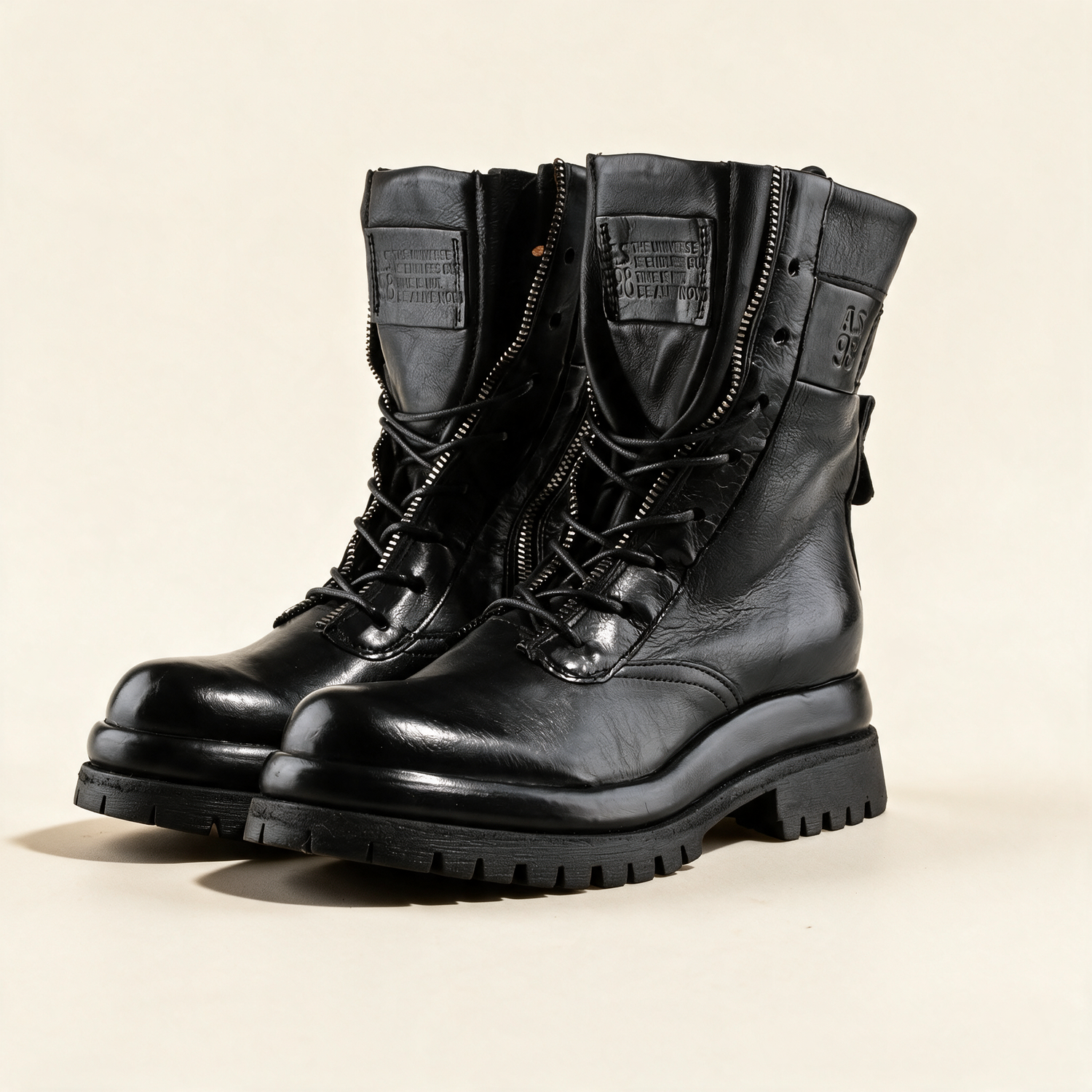 A.S.98 DELPHI Black combat boots, pair three-quarter view 