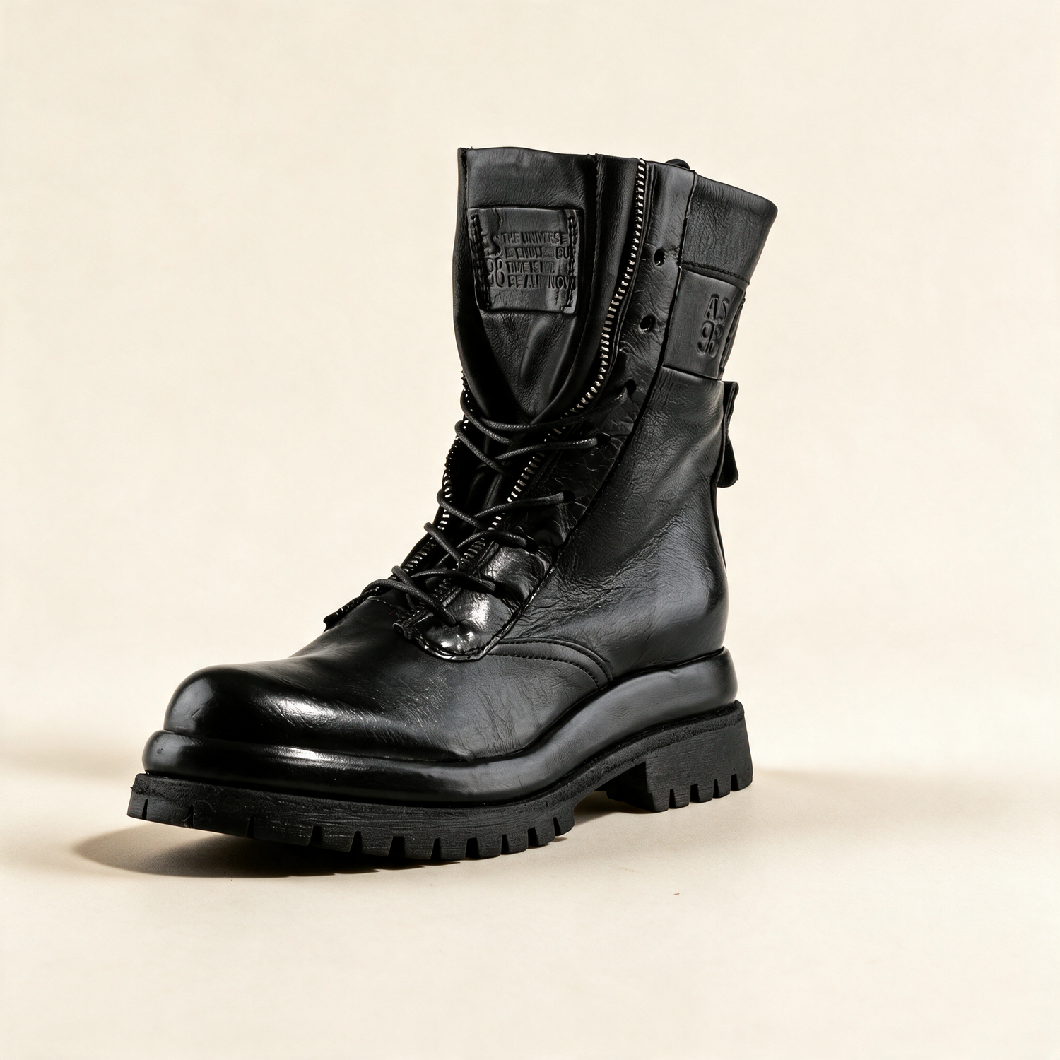 A.S.98 DELPHI Black combat boots, single three-quarter view 