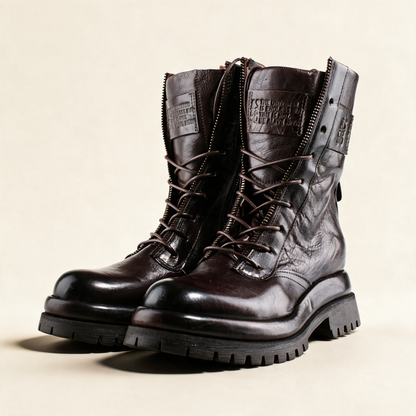 A.S.98 DELPHI Ebony combat boots, pair three-quarter view 