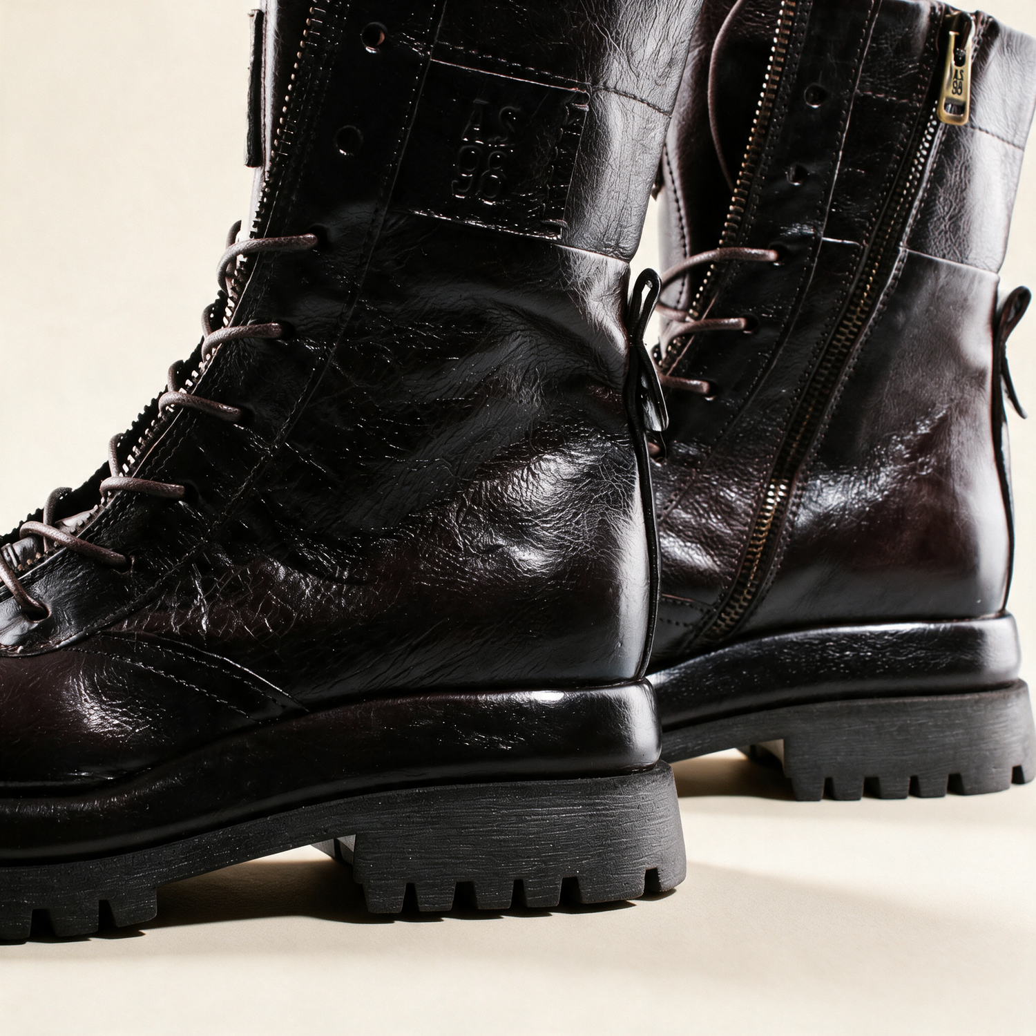 A.S.98 DELPHI Ebony combat boots, hardware and construction detail 