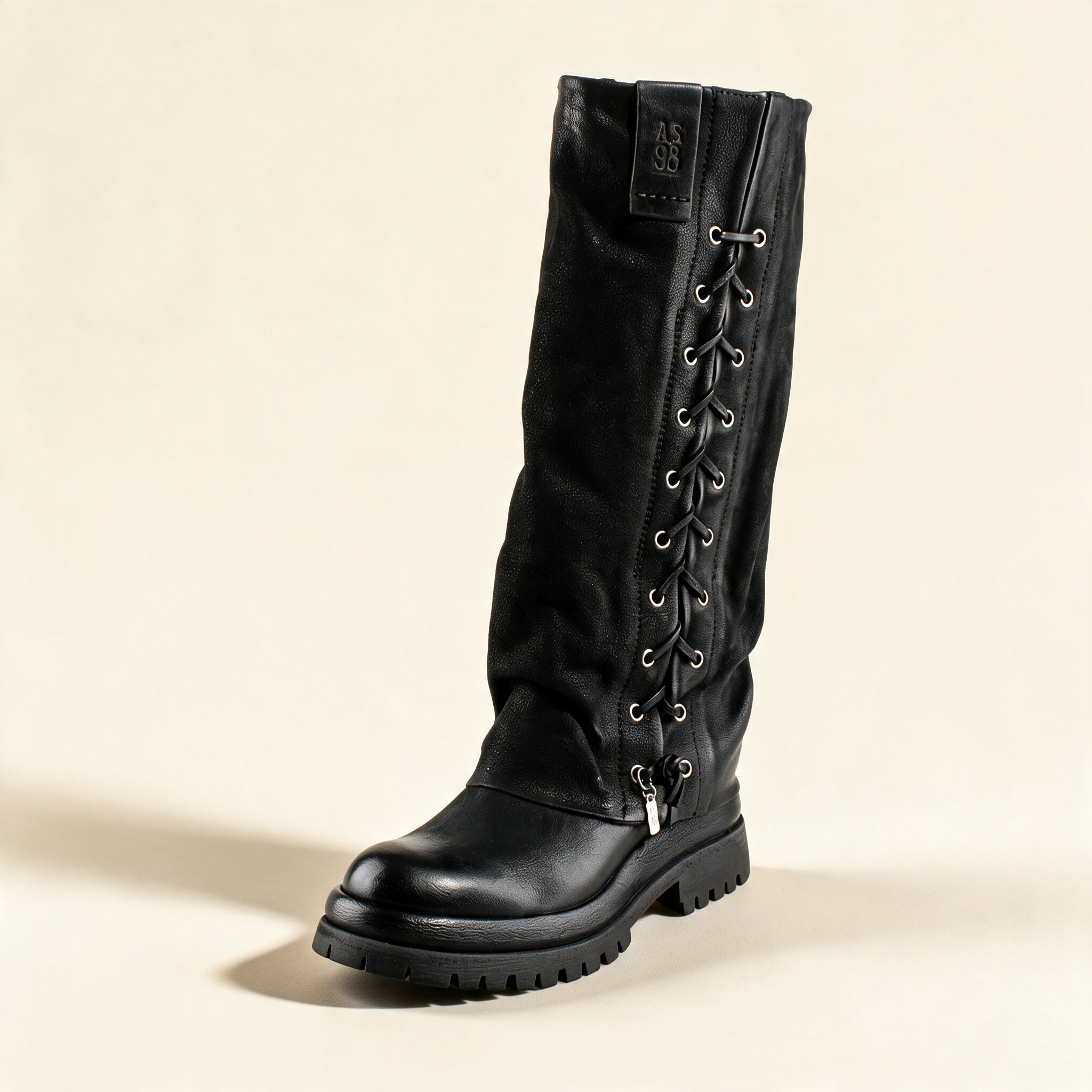 A.S.98 VALORA Black tall boots, single three-quarter view 