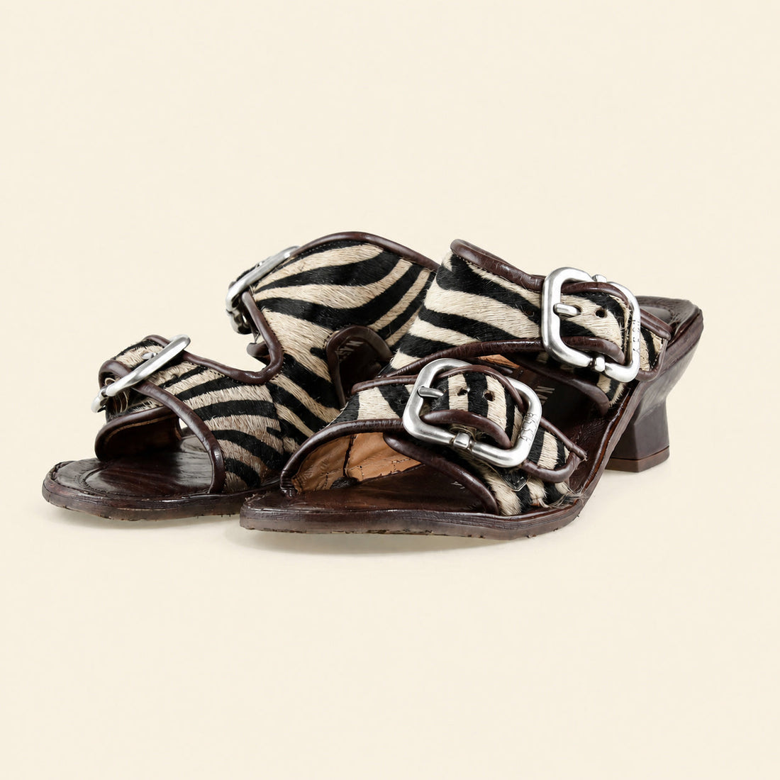 A.S.98 ZEBRANO Safari Zebra Italian leather heeled sandal, pair three-quarter view 