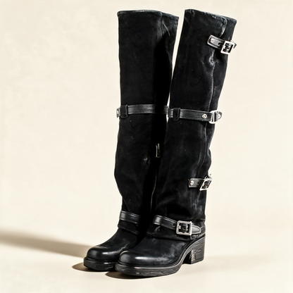 A.S.98 ROWENA Black knee-high boots, pair three-quarter view 