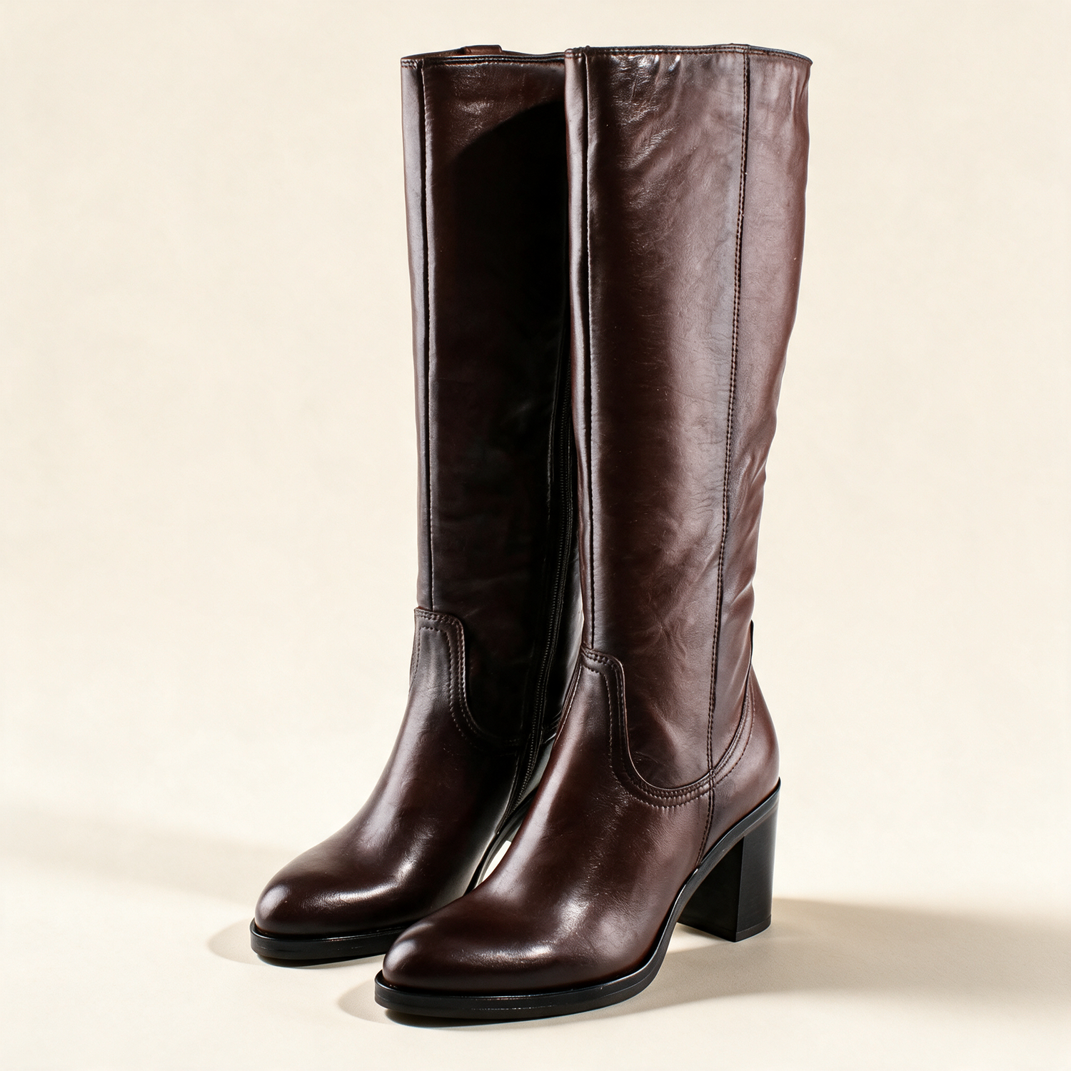MJUS ELARA Chocolate knee-high boots, pair three-quarter view 