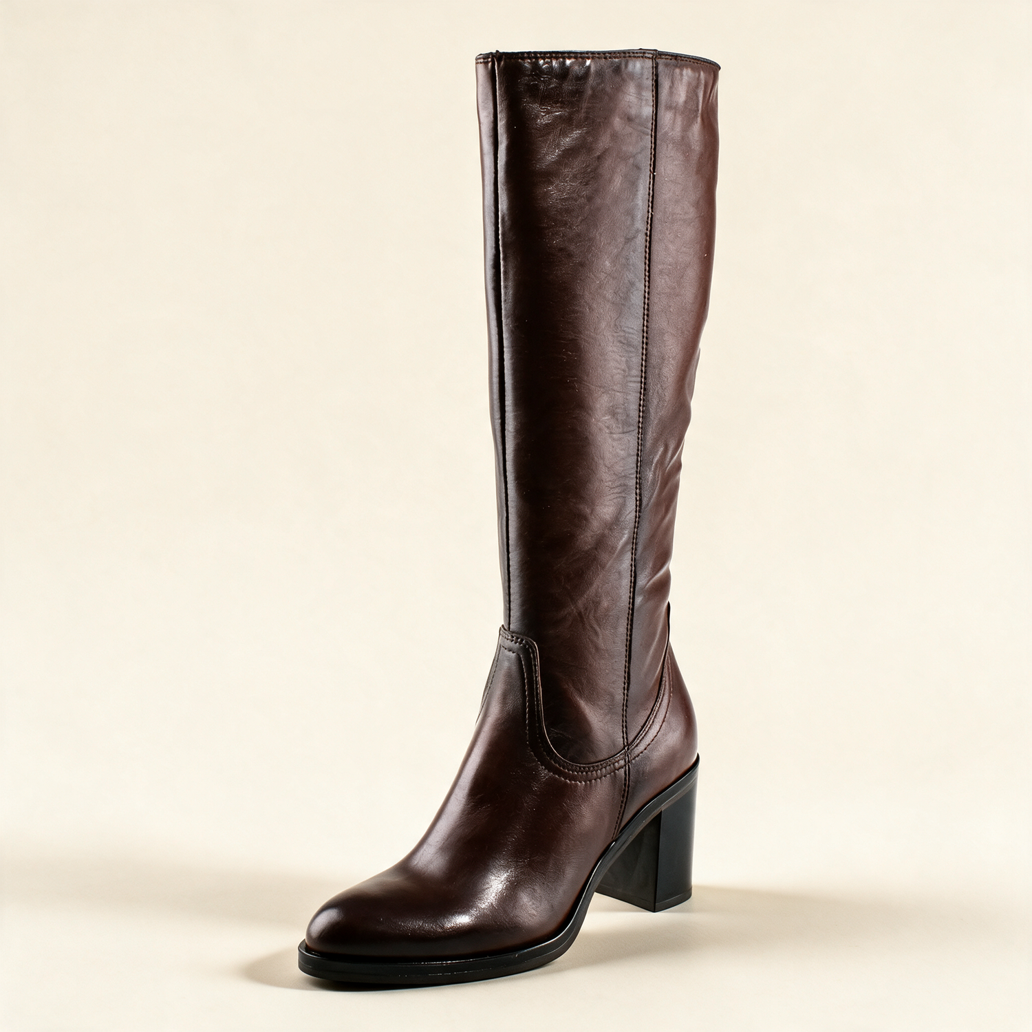 MJUS ELARA Chocolate knee-high boots, single three-quarter view 