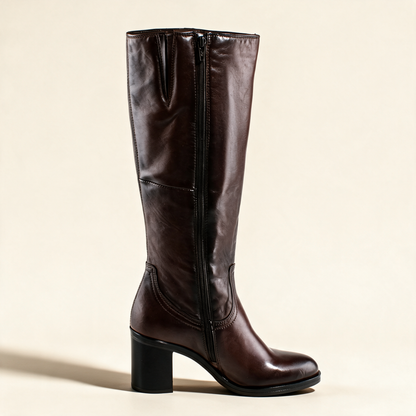 MJUS ELARA Chocolate knee-high boots, front view 