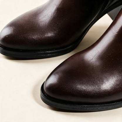 MJUS ELARA Chocolate knee-high boots, hardware and construction detail 