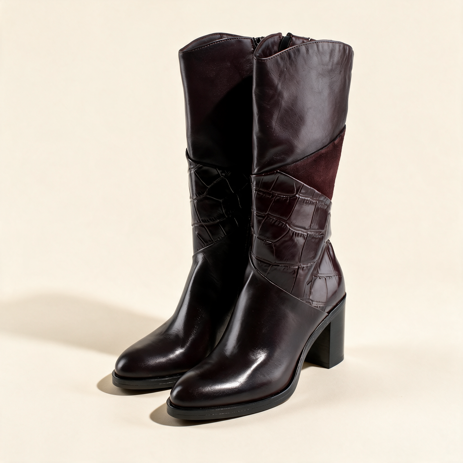 MJUS MARA Burgundy tall boots, pair three-quarter view 