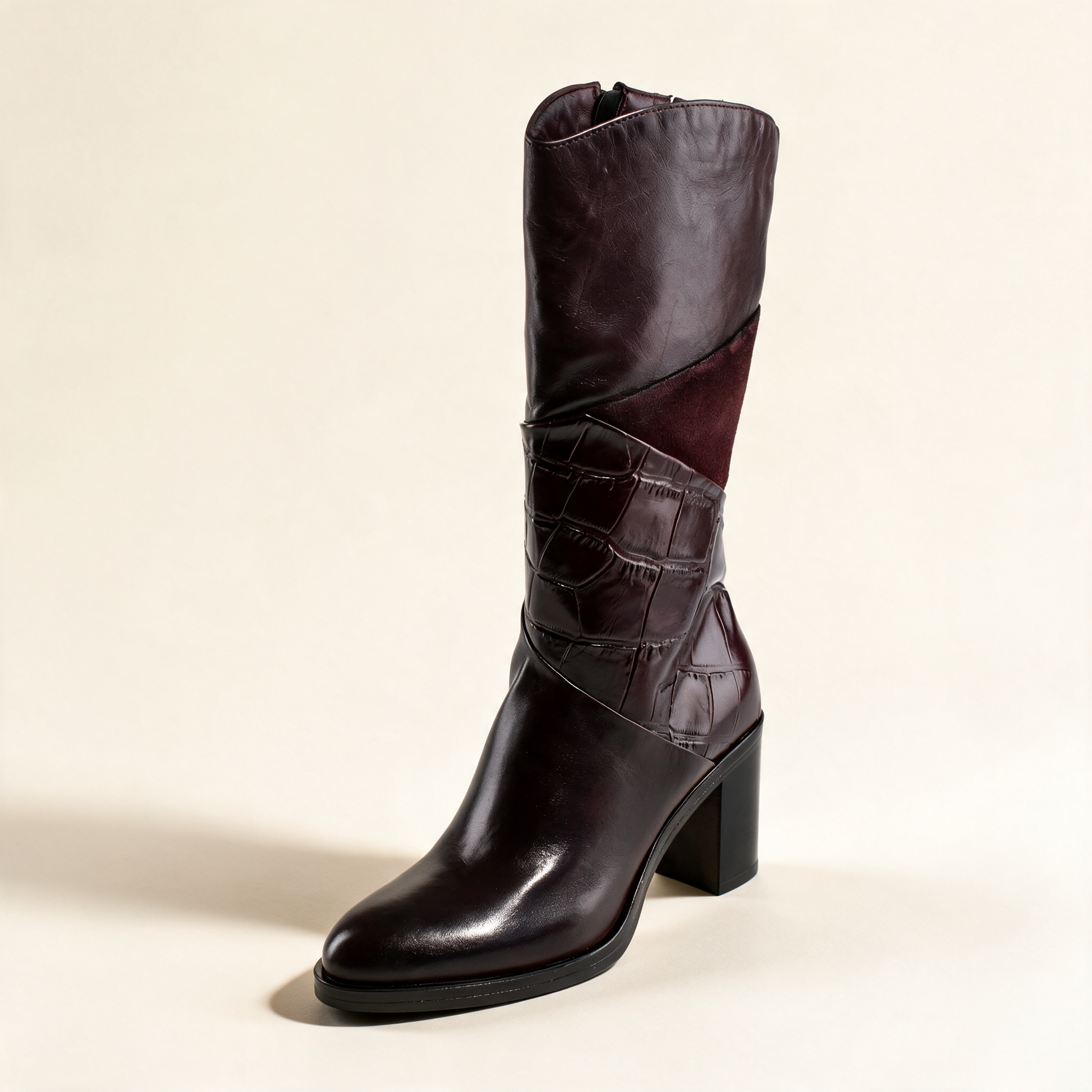 MJUS MARA Burgundy tall boots, single three-quarter view 