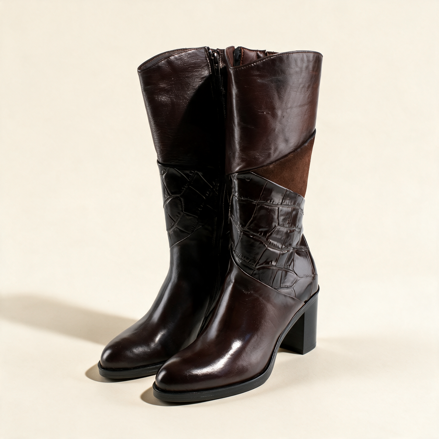 MJUS MARA Chocolate tall boots, pair three-quarter view 