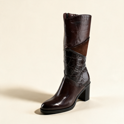 MJUS MARA Chocolate tall boots, single three-quarter view 