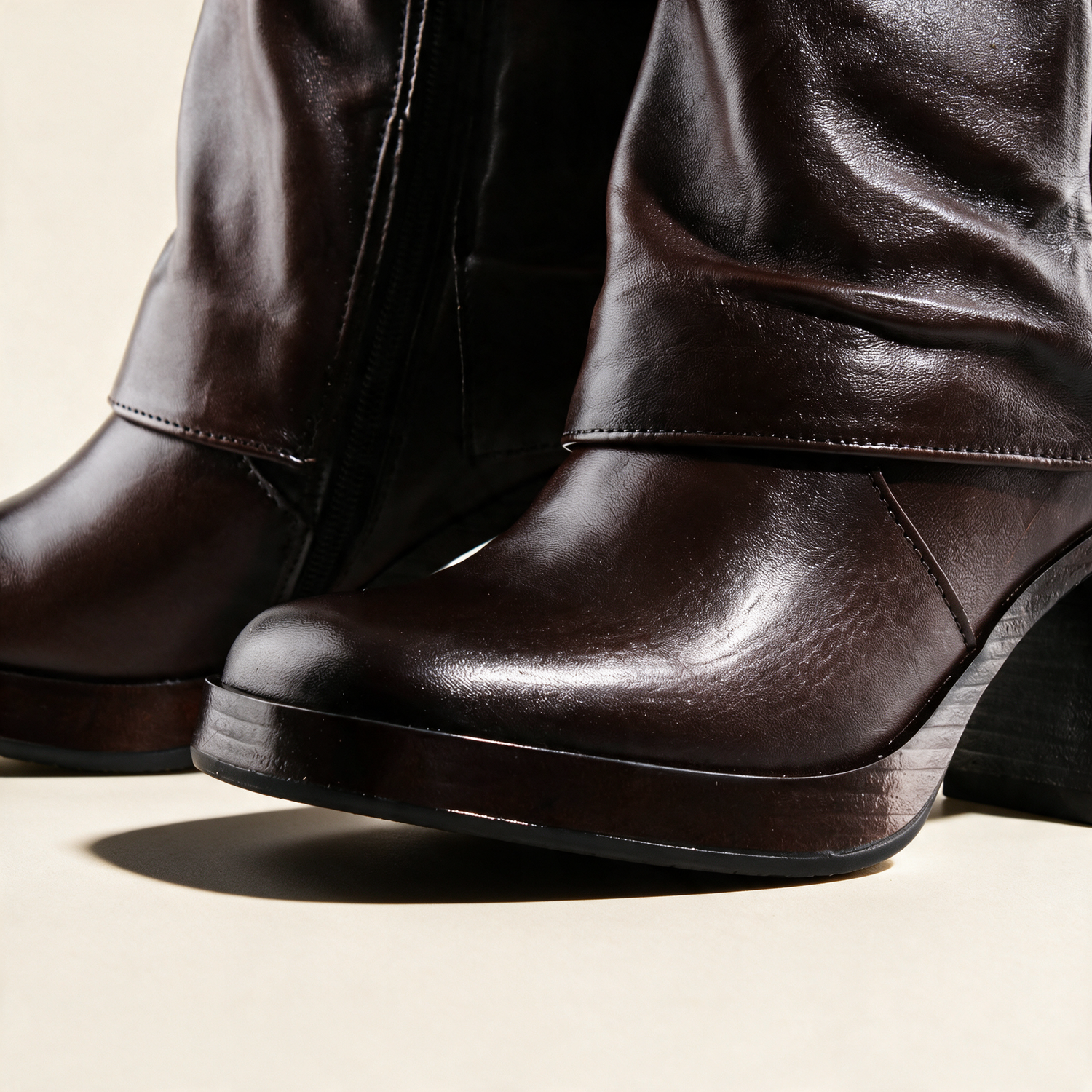 MJUS MICAELA Chocolate mid-calf boots, hardware and construction detail 