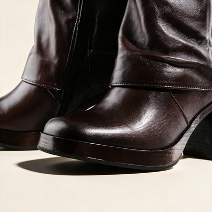 MJUS MICAELA Chocolate mid-calf boots, hardware and construction detail 